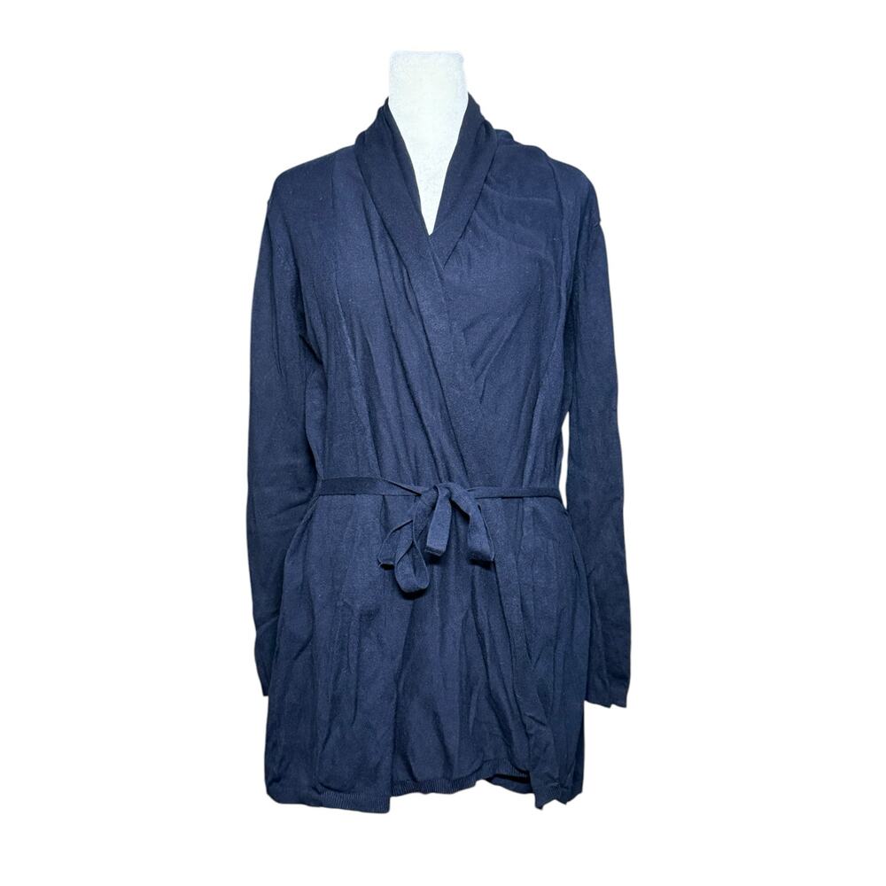 ZARA Knit Wrap Cardigan Women Sm Navy Blue Casual Belted Academia Work Stretch